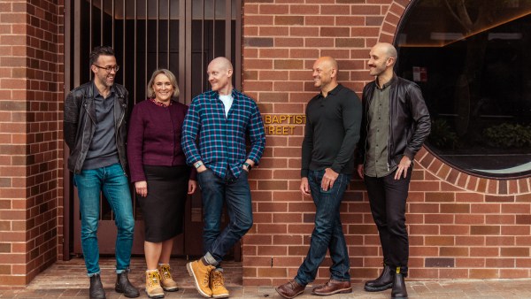 Dean Simpson, Emma Soutter, Warren Burns, James Bradey, Kim McDiarmid out the front of The Eve Hotel Sydney. Credit: Dexter Kim