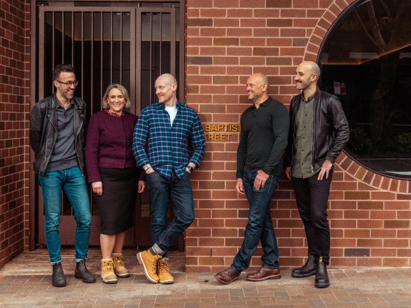 Dean Simpson, Emma Soutter, Warren Burns, James Bradey, Kim McDiarmid out the front of The Eve Hotel Sydney. Credit: Dexter Kim