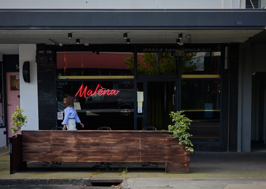 Neon Malèna signage out the front of the Cucina & Bar in Brighton, Melbourne.