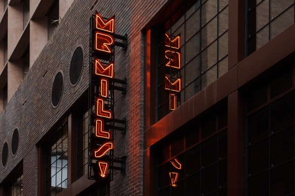 Neon Mr Mills sign outside Ross and Sunny Lusted's new Marmel and Mr Mills venues.